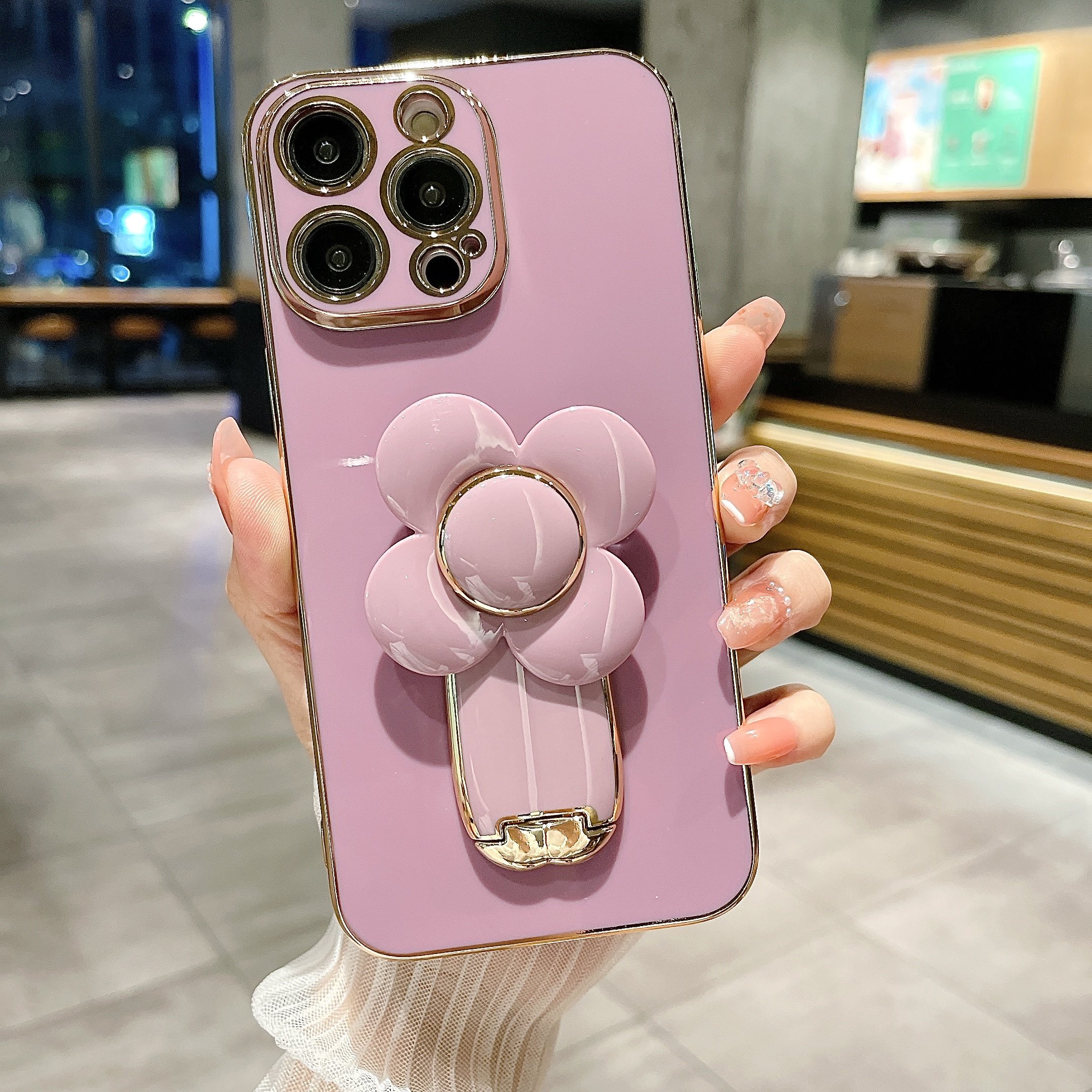 New Plating Big Windmill Flower Mobile Phone Case For Iphone 13 12 11 15 Pro Max 14Plus With Holder Stand Shockproof Phone Cover