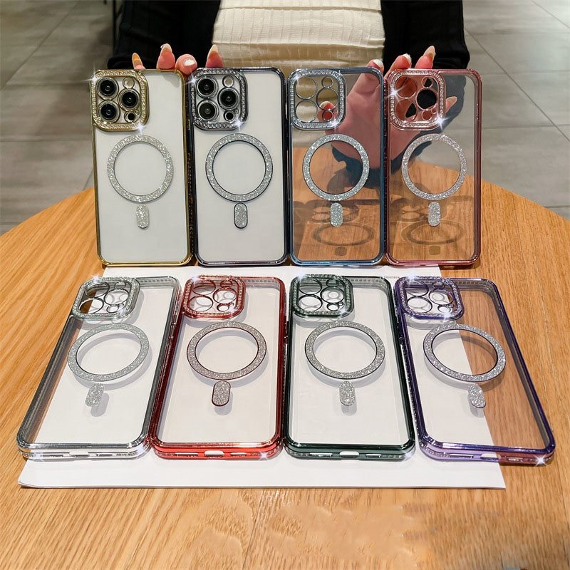 Tpu mobile phone case for iphone xs max Wholesales rhinestone flash ring magnet Cellphone Full protective cover for Iphone 15