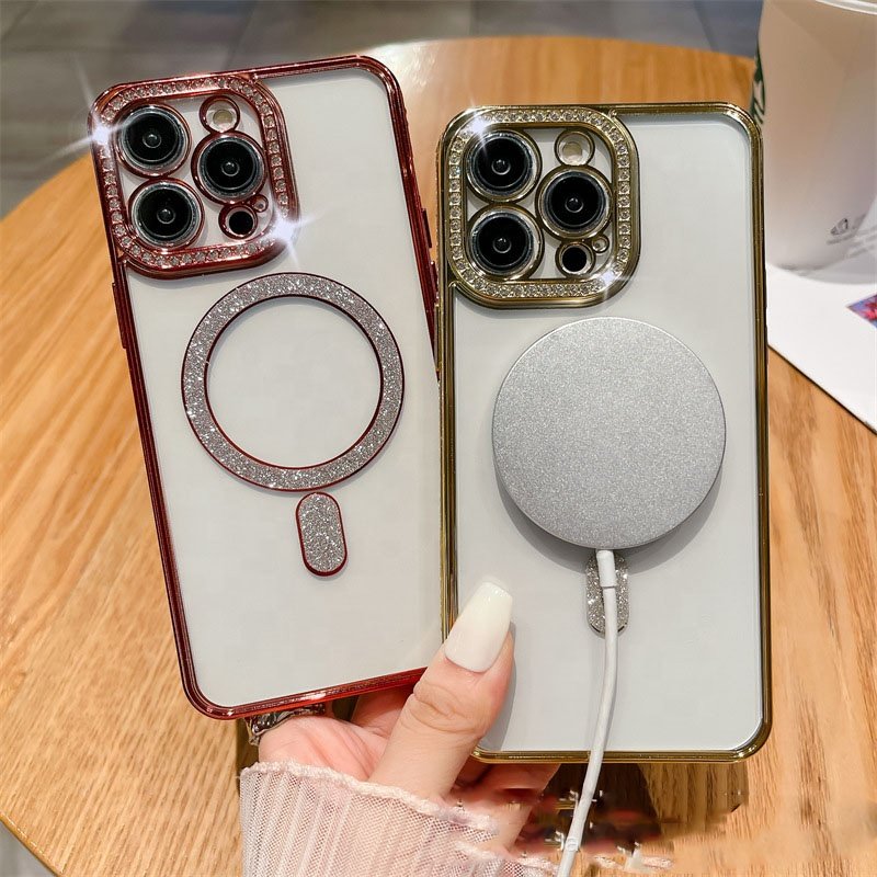 Tpu mobile phone case for iphone xs max Wholesales rhinestone flash ring magnet Cellphone Full protective cover for Iphone 15