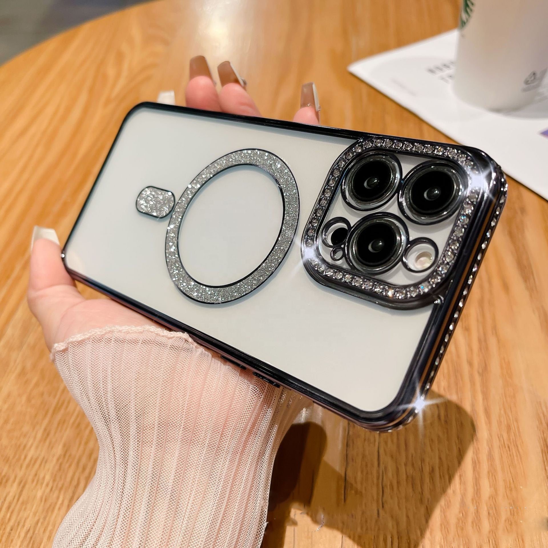 Tpu mobile phone case for iphone xs max Wholesales rhinestone flash ring magnet Cellphone Full protective cover for Iphone 15