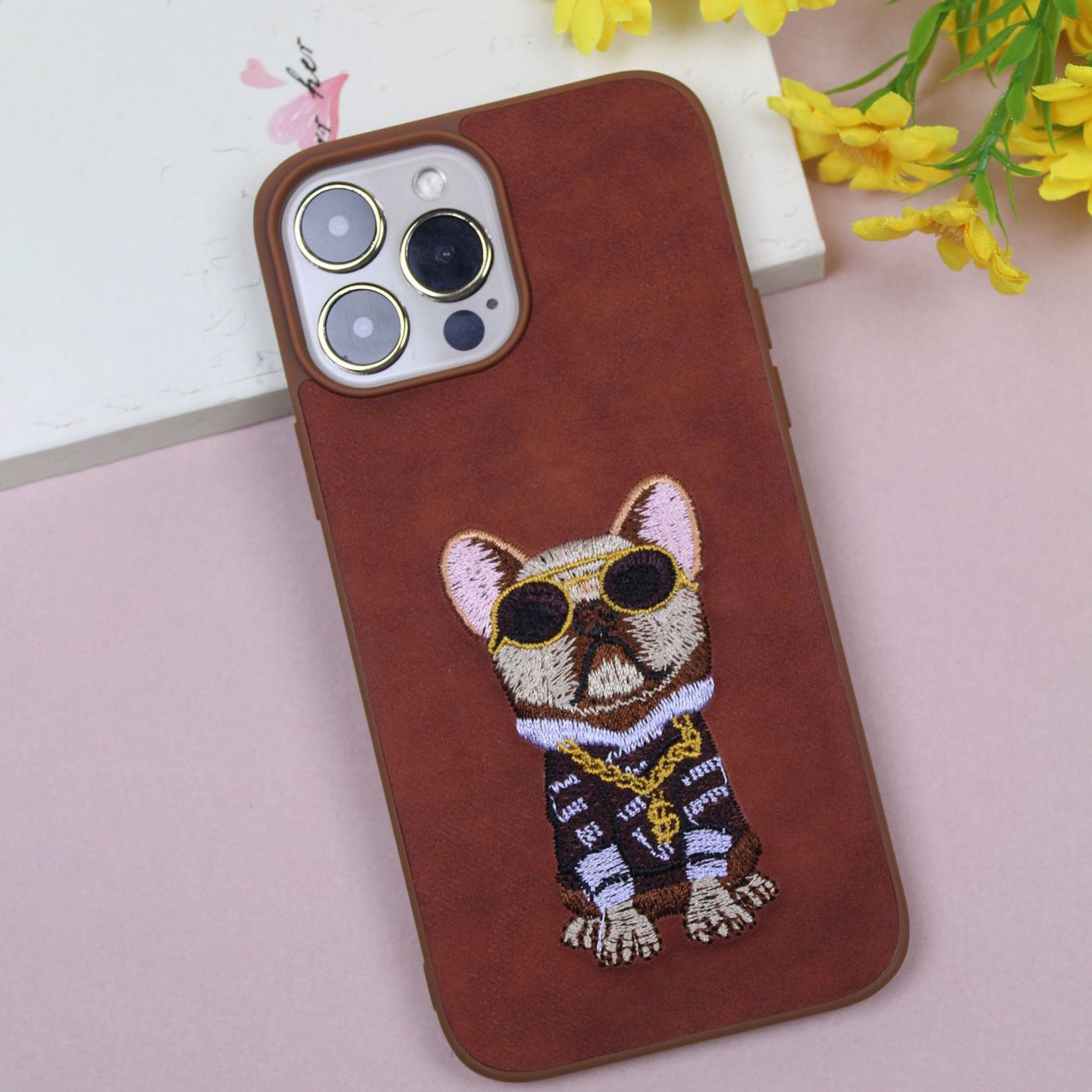 Custom High Quality Animal Embroidery Soft Slim Pure Leather Mobile Phone Cases For iPhone 14 15 Pro Max
