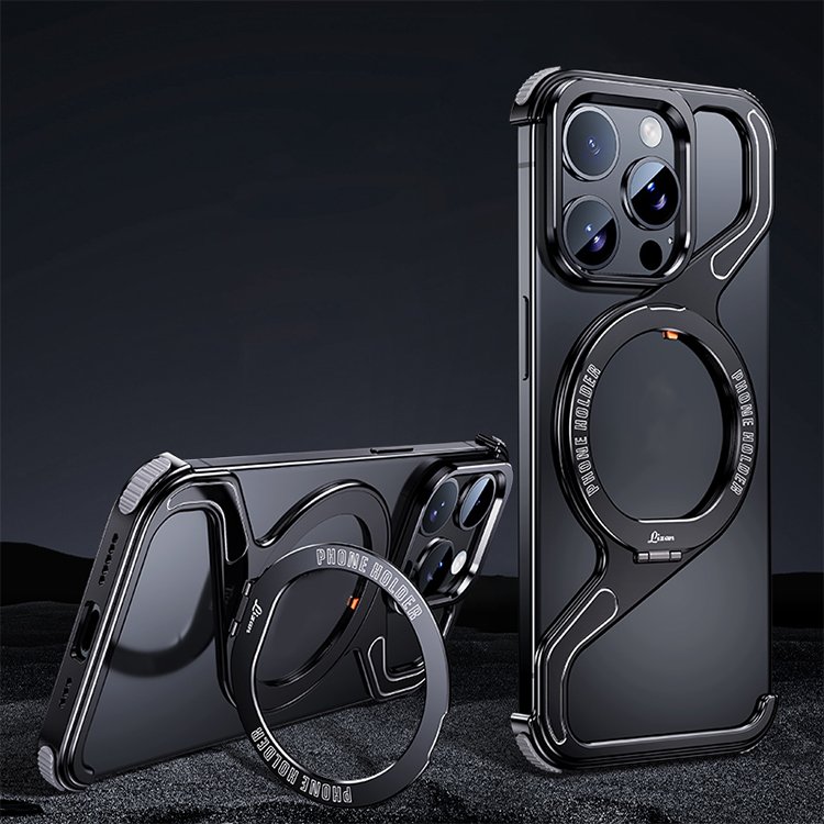 Bezel Less Metal Stand Phone Case For iPhone 13 14 15 16 Pro Max Aluminum Frameless Z Magnetic Mobile Phone Shell With Kickstand