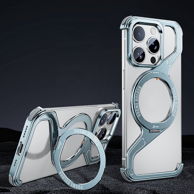 Bezel Less Metal Stand Phone Case For iPhone 13 14 15 16 Pro Max Aluminum Frameless Z Magnetic Mobile Phone Shell With Kickstand