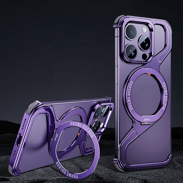 Bezel Less Metal Stand Phone Case For iPhone 13 14 15 16 Pro Max Aluminum Frameless Z Magnetic Mobile Phone Shell With Kickstand