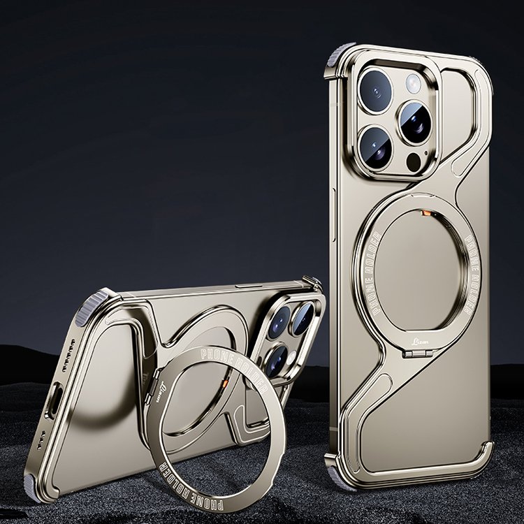 Bezel Less Metal Stand Phone Case For iPhone 13 14 15 16 Pro Max Aluminum Frameless Z Magnetic Mobile Phone Shell With Kickstand
