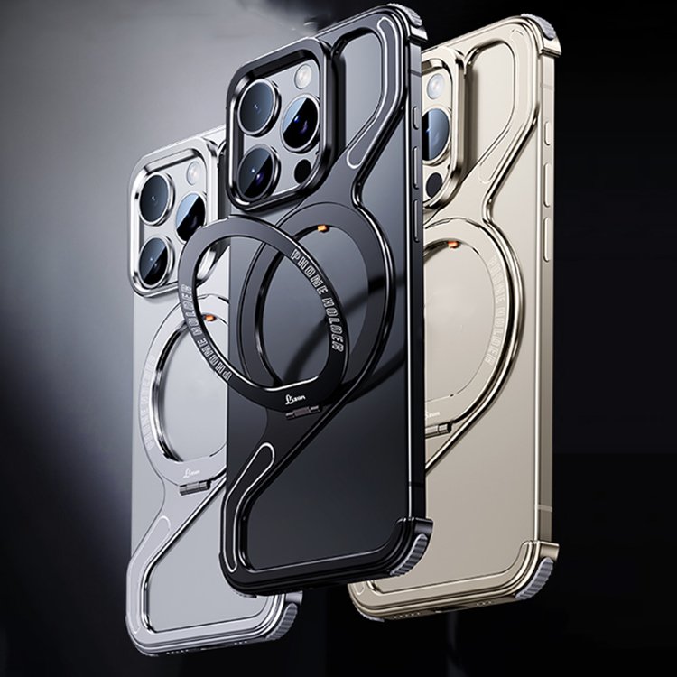 Bezel Less Metal Stand Phone Case For iPhone 13 14 15 16 Pro Max Aluminum Frameless Z Magnetic Mobile Phone Shell With Kickstand