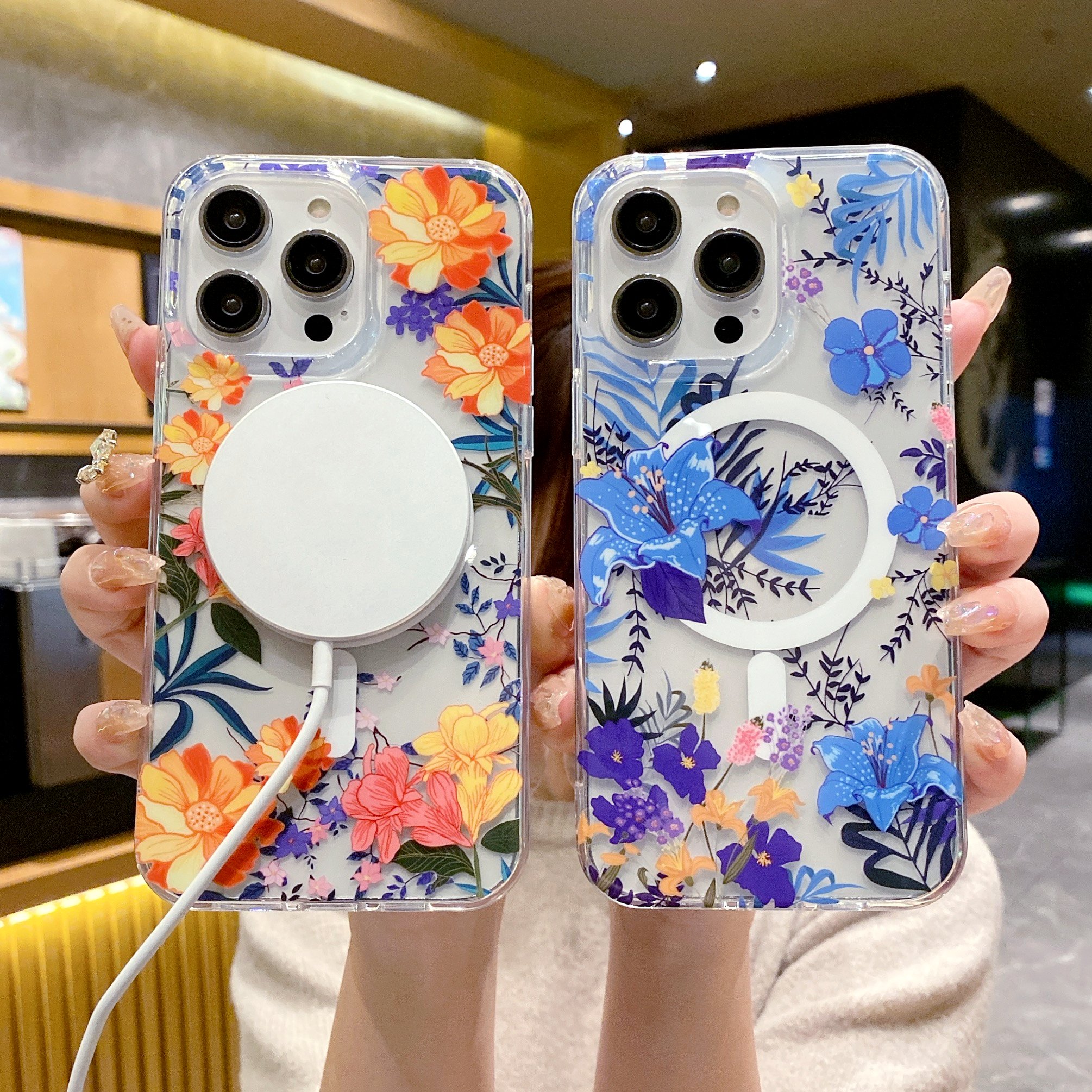 USLION Magnetic Transparent Flower Style Mobile Phone Case Color Phone Cover IMD Material Cell Phone Back Protective Case