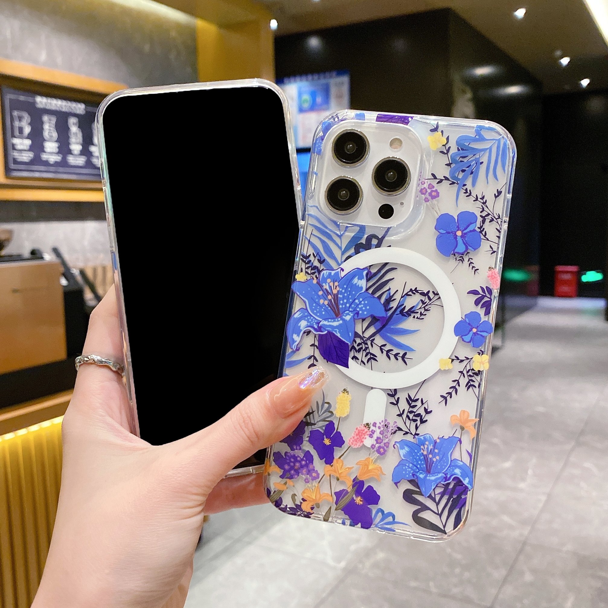 USLION Magnetic Transparent Flower Style Mobile Phone Case Color Phone Cover IMD Material Cell Phone Back Protective Case