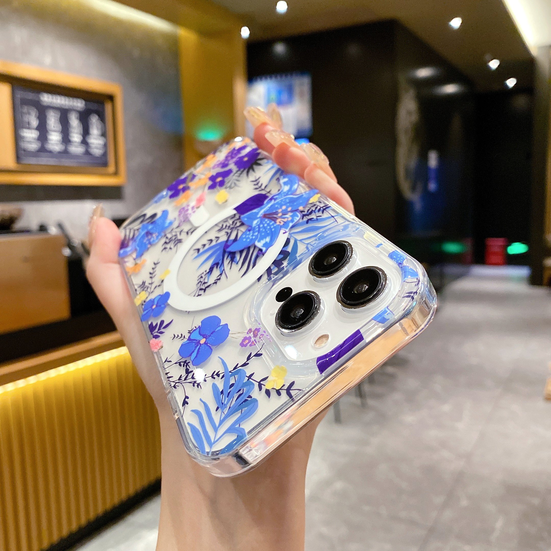USLION Magnetic Transparent Flower Style Mobile Phone Case Color Phone Cover IMD Material Cell Phone Back Protective Case
