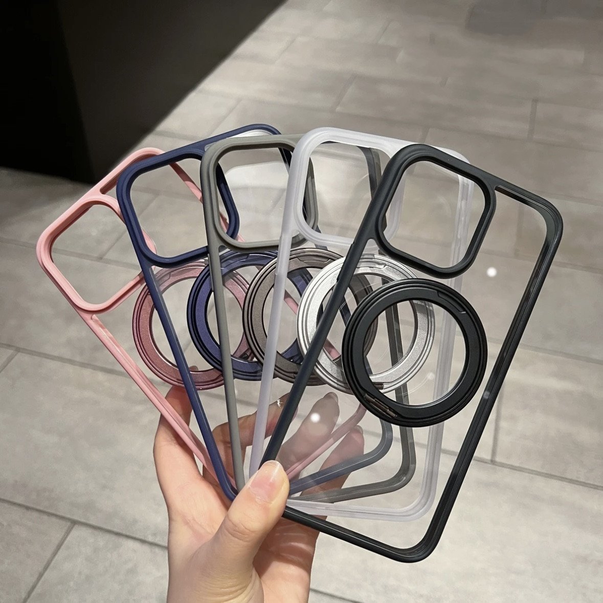 Luxury Magnetic Metal Stand Phone Case For iPhone 16 15 14 13 12 11 Pro Max 360 Rotation Ring Holder Transparent Acrylic Cover