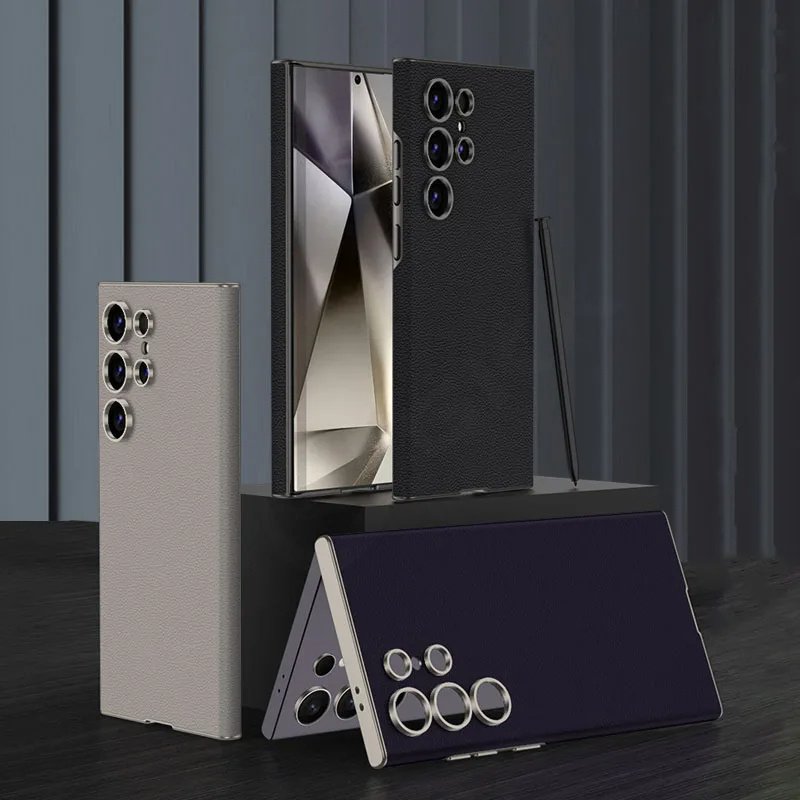 High Quality Alloy Lens Hole Frame Protection Skin Feel PU Leather Shockproof Mobile Phone Case For Samsung S24 Ultra S23 Ultra