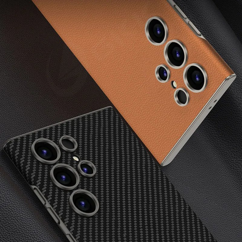 High Quality Alloy Lens Hole Frame Protection Skin Feel PU Leather Shockproof Mobile Phone Case For Samsung S24 Ultra S23 Ultra