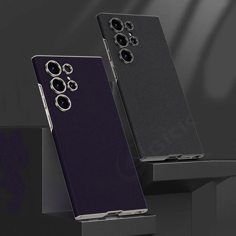High Quality Alloy Lens Hole Frame Protection Skin Feel PU Leather Shockproof Mobile Phone Case For Samsung S24 Ultra S23 Ultra