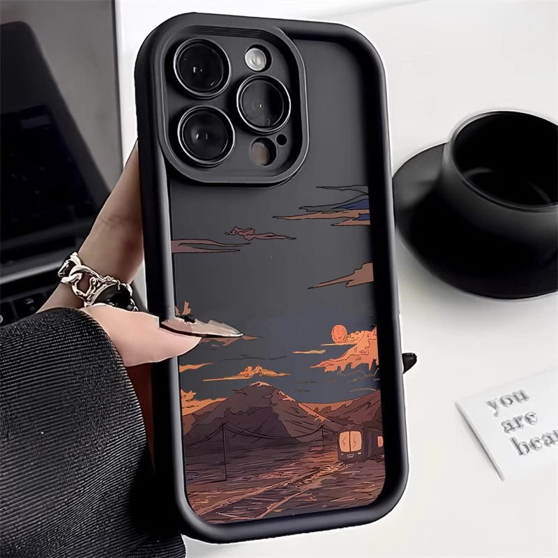 Creative Evening Sunset Cartoon Phone case For iPhone 16 15 Pro Max 14 13 12 11 XS XR candy color Frosted Shockproof Back Cover