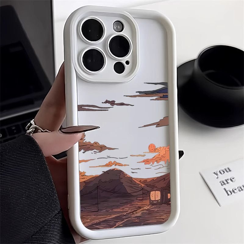 Creative Evening Sunset Cartoon Phone case For iPhone 16 15 Pro Max 14 13 12 11 XS XR candy color Frosted Shockproof Back Cover