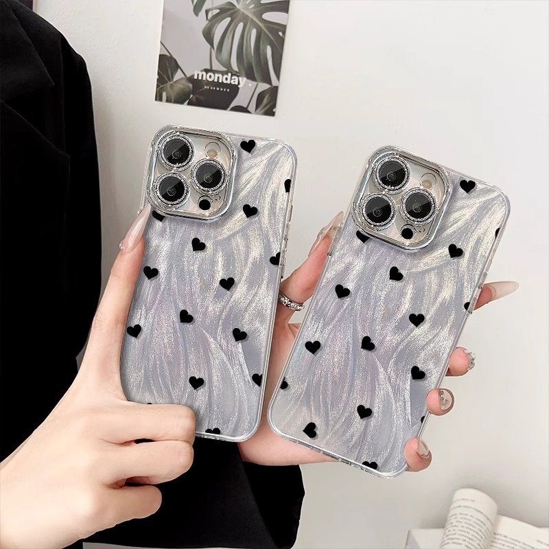 New Luxury Black heart Feather yarn phone case for iPhone 16 15 14 13 11 Pro Max Glitter Lens protection film with chain Cover