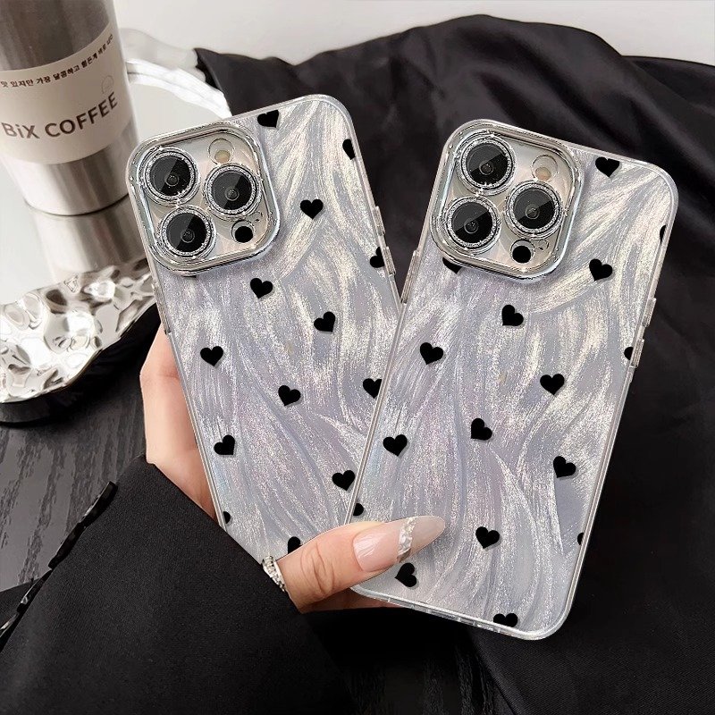 New Luxury Black heart Feather yarn phone case for iPhone 16 15 14 13 11 Pro Max Glitter Lens protection film with chain Cover