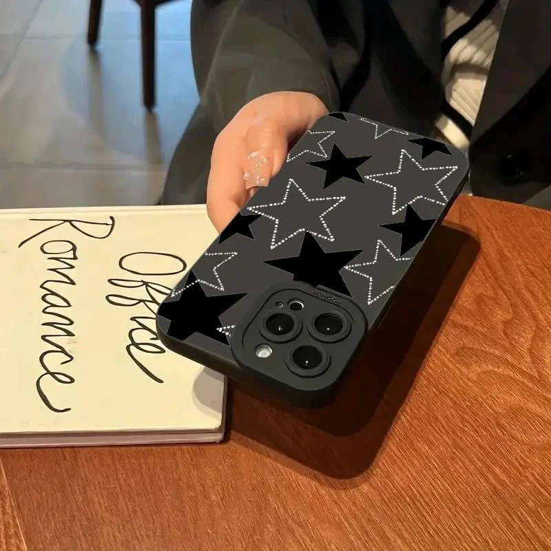 Black White Five-pointed Star Printed Phone Case For iPhone 11 12 13 14 15 Pro Max XS XR X 7 8 Plus Shockproof Soft Bumper Cover