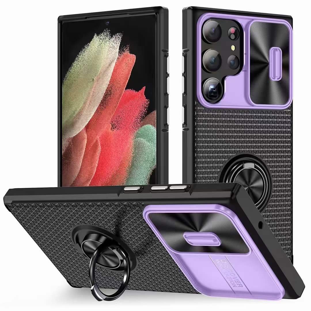 Camera Protection Push window Mobile Phone Case for Samsung S23 Ultra Hardware ring CD Pattern Push Window Protective Cover