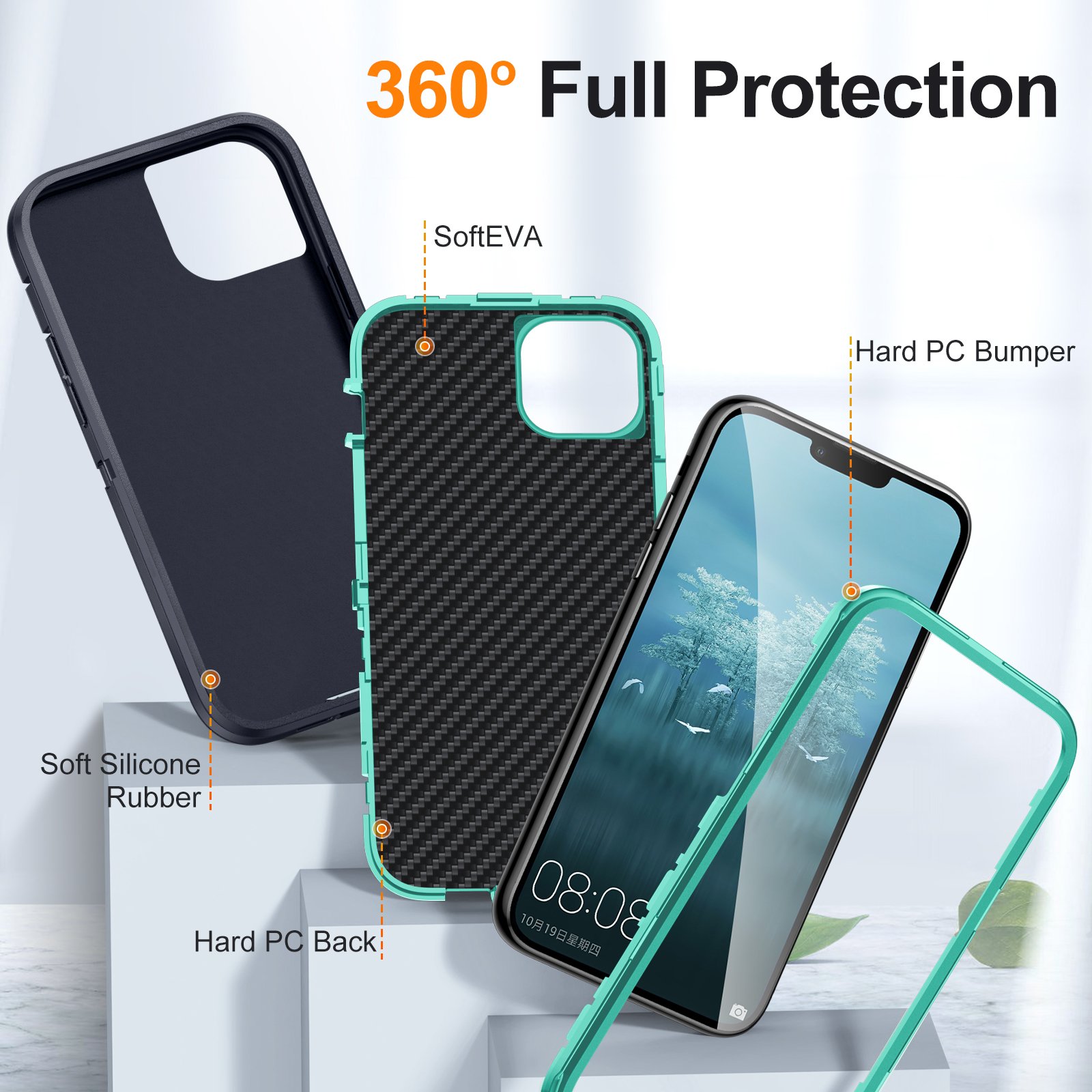 360 Full Protection Anti-fall 3 in 1 PC+TPU+PC Phone Case Cover for iPhone 16 15 14 13 12 11 Pro Max X XR