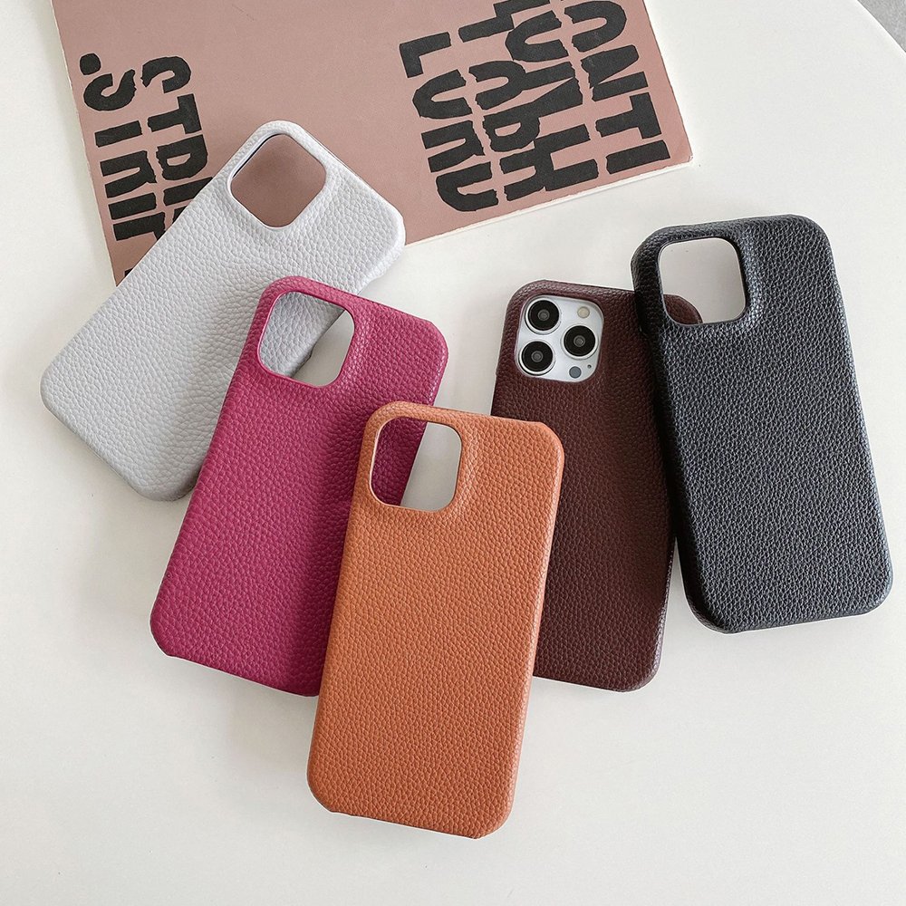 Ready to Ship PU lichee pebble faux leather skin mobile cellphone back phone case cover full wrapped for iPhone 12 pro
