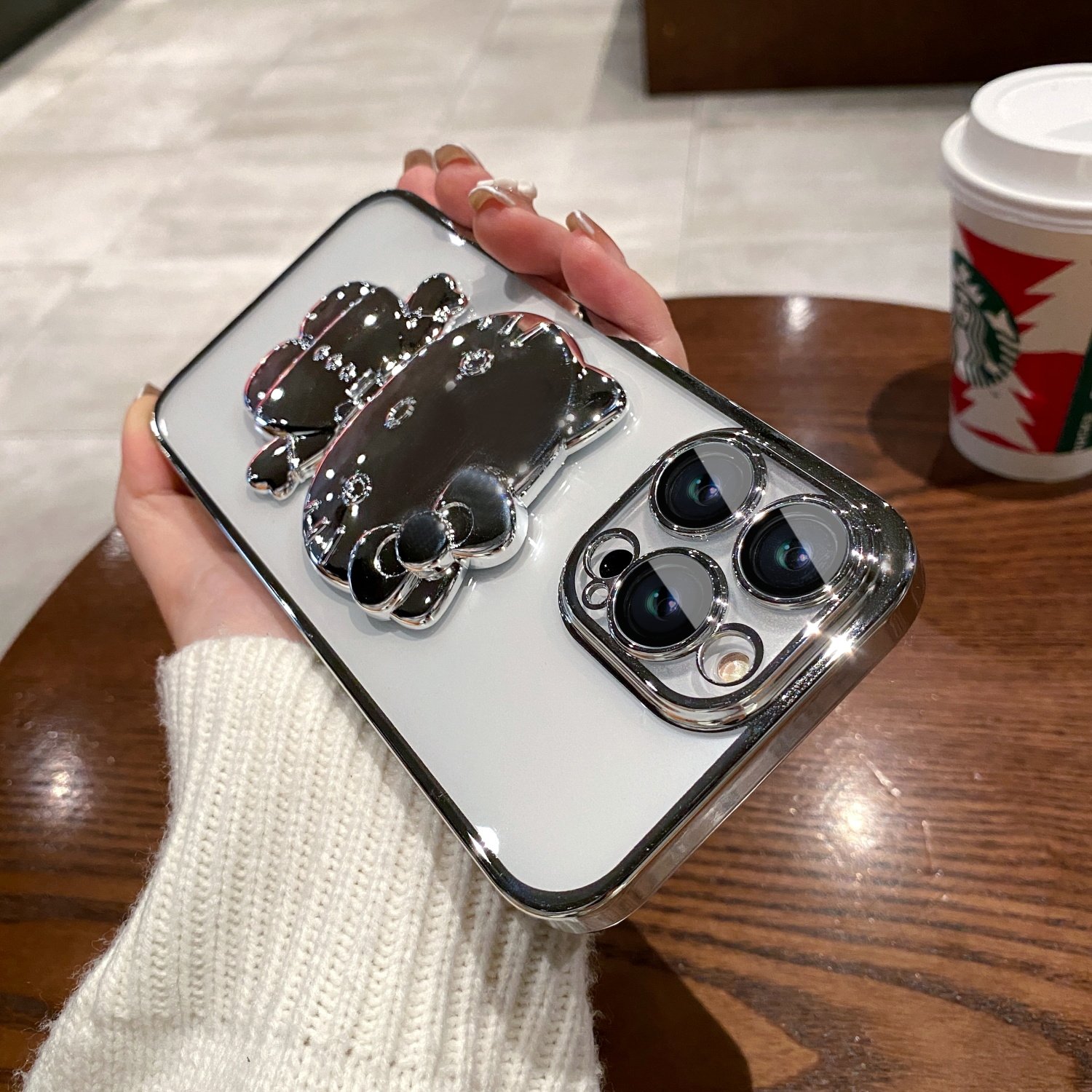 Plating KT Cat Makeup Mirror invisible Holder Mobile Phone Case For iphone 16 15 14 13 12 pro max Transparent Protection Cover
