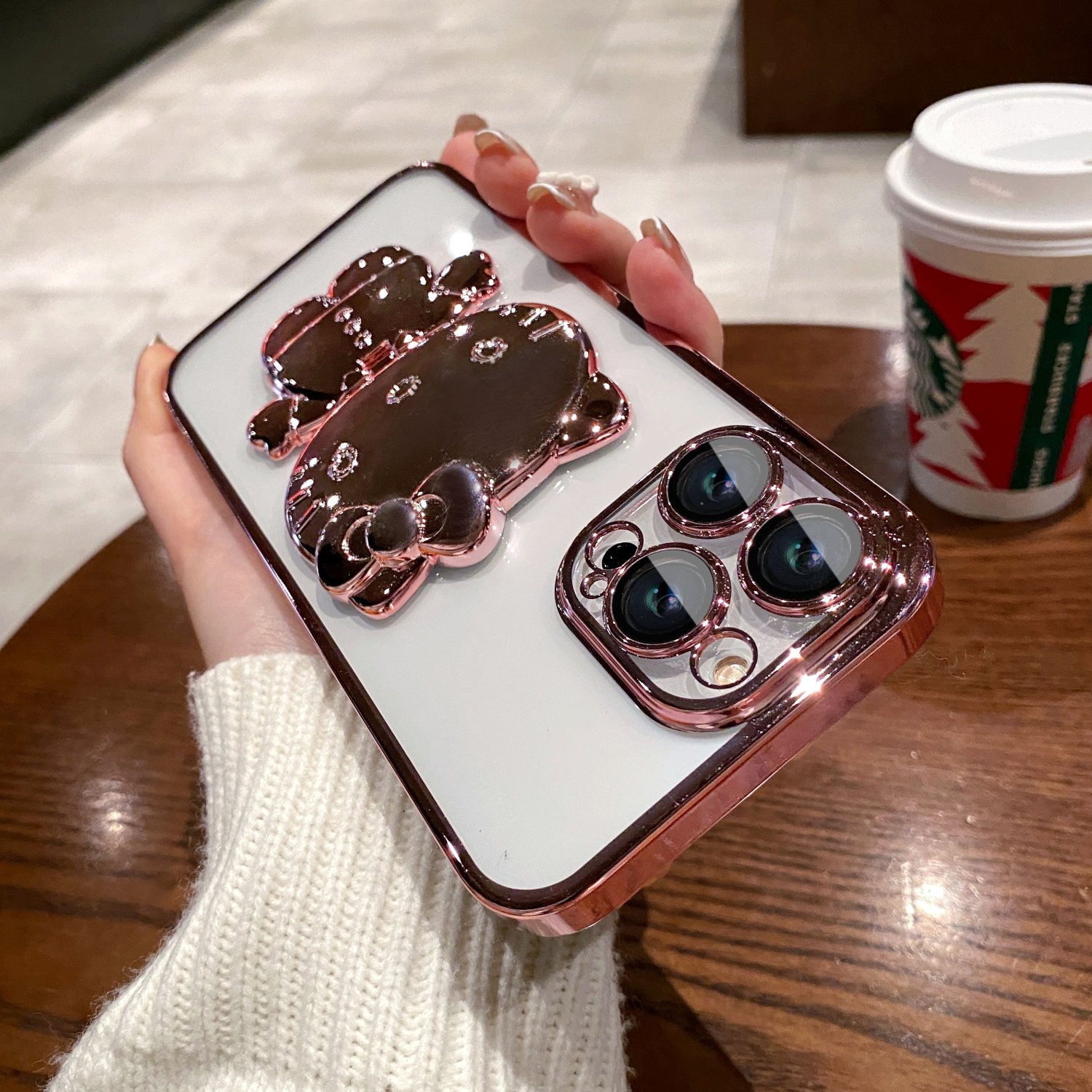 Plating KT Cat Makeup Mirror invisible Holder Mobile Phone Case For iphone 16 15 14 13 12 pro max Transparent Protection Cover