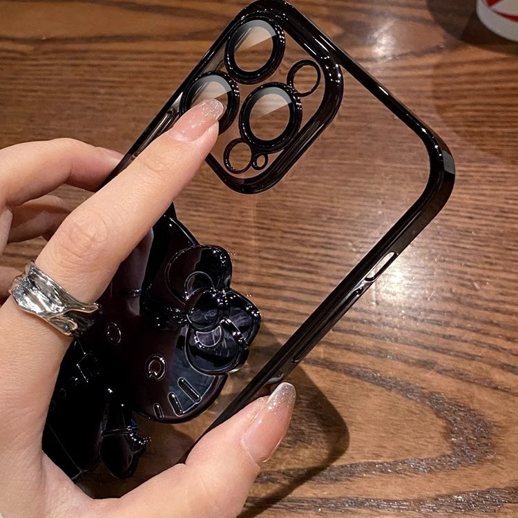Plating KT Cat Makeup Mirror invisible Holder Mobile Phone Case For iphone 16 15 14 13 12 pro max Transparent Protection Cover