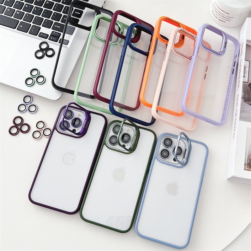 Luxury Alloy Lens Film Protection With Holder Phone Case For iPhone 12 13 16 Pro Max 15 14 Plus Acrylic Transparent Back Cover