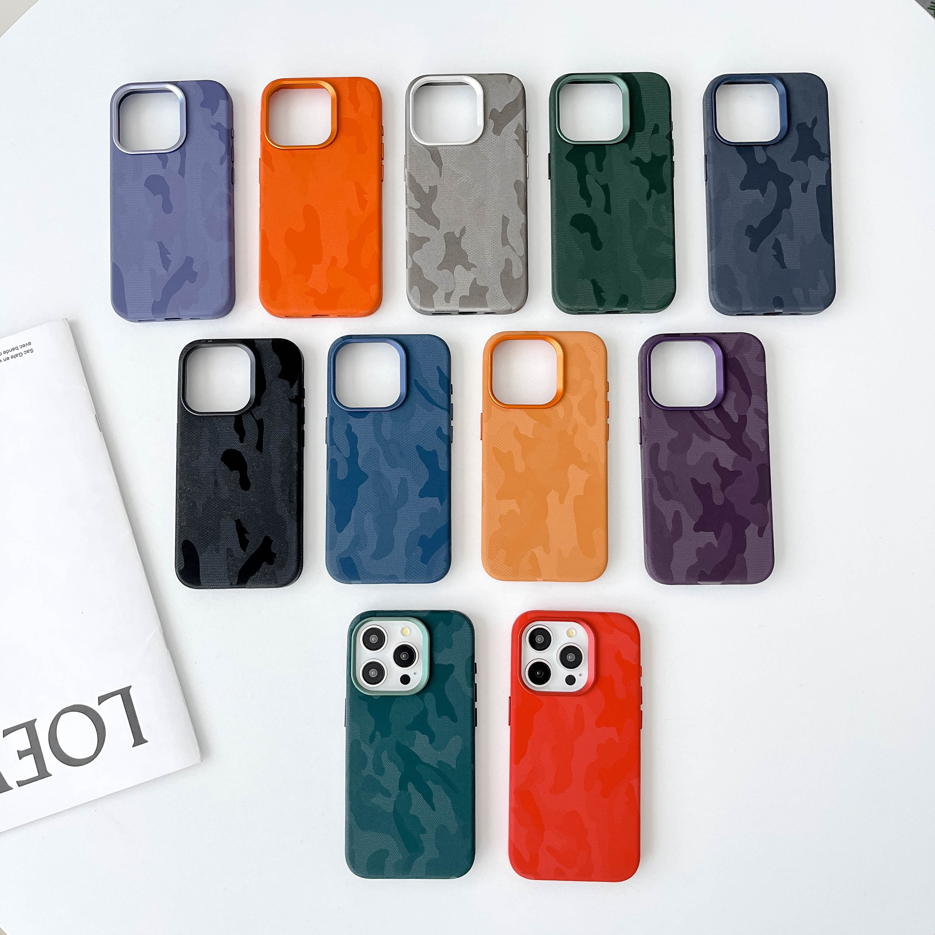 Camouflage Pattern Imitation Leather Phone Case with Luxury Design Featuring Metal Button for iPhone 16 15 14 13 12 Pro Max Plus