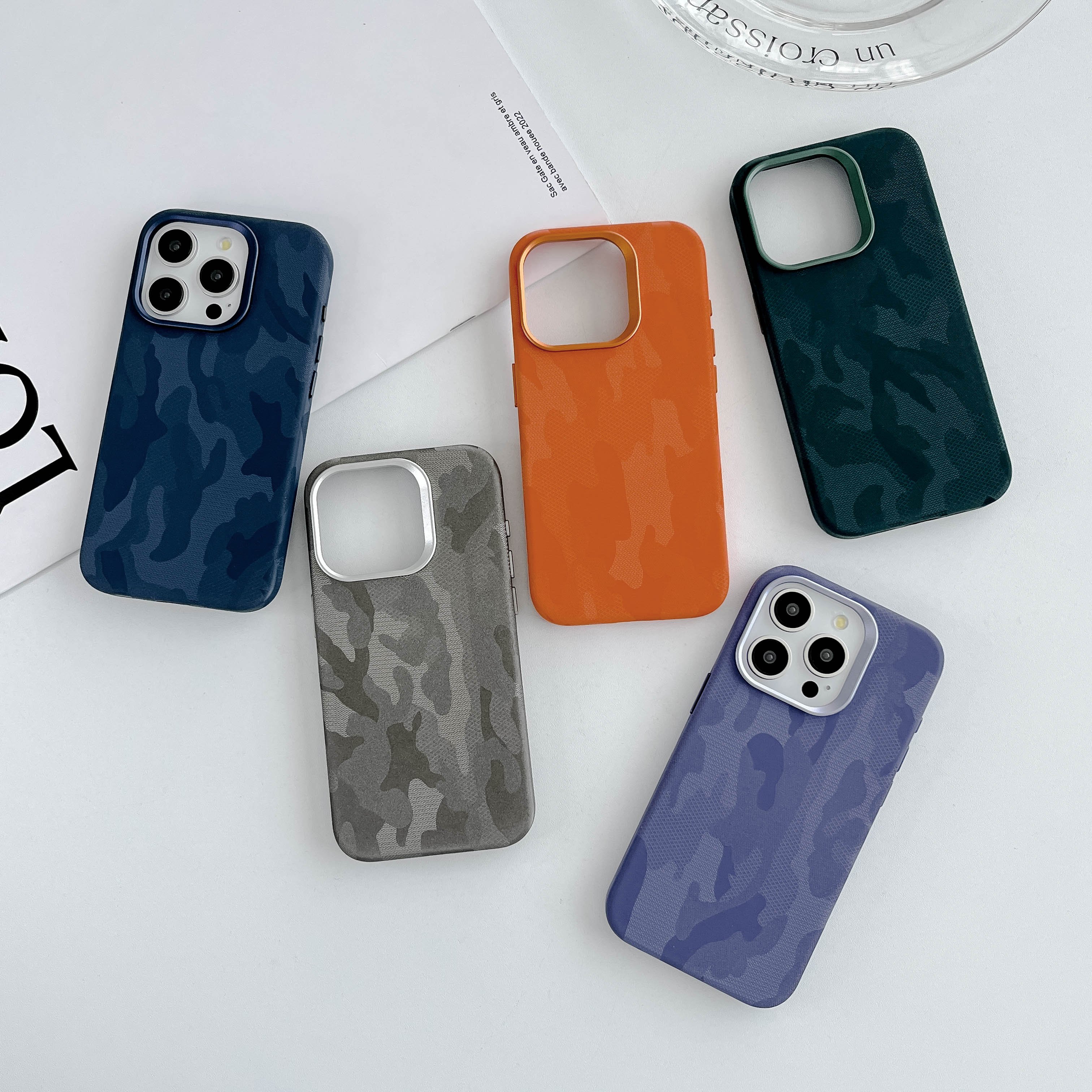 Camouflage Pattern Imitation Leather Phone Case with Luxury Design Featuring Metal Button for iPhone 16 15 14 13 12 Pro Max Plus