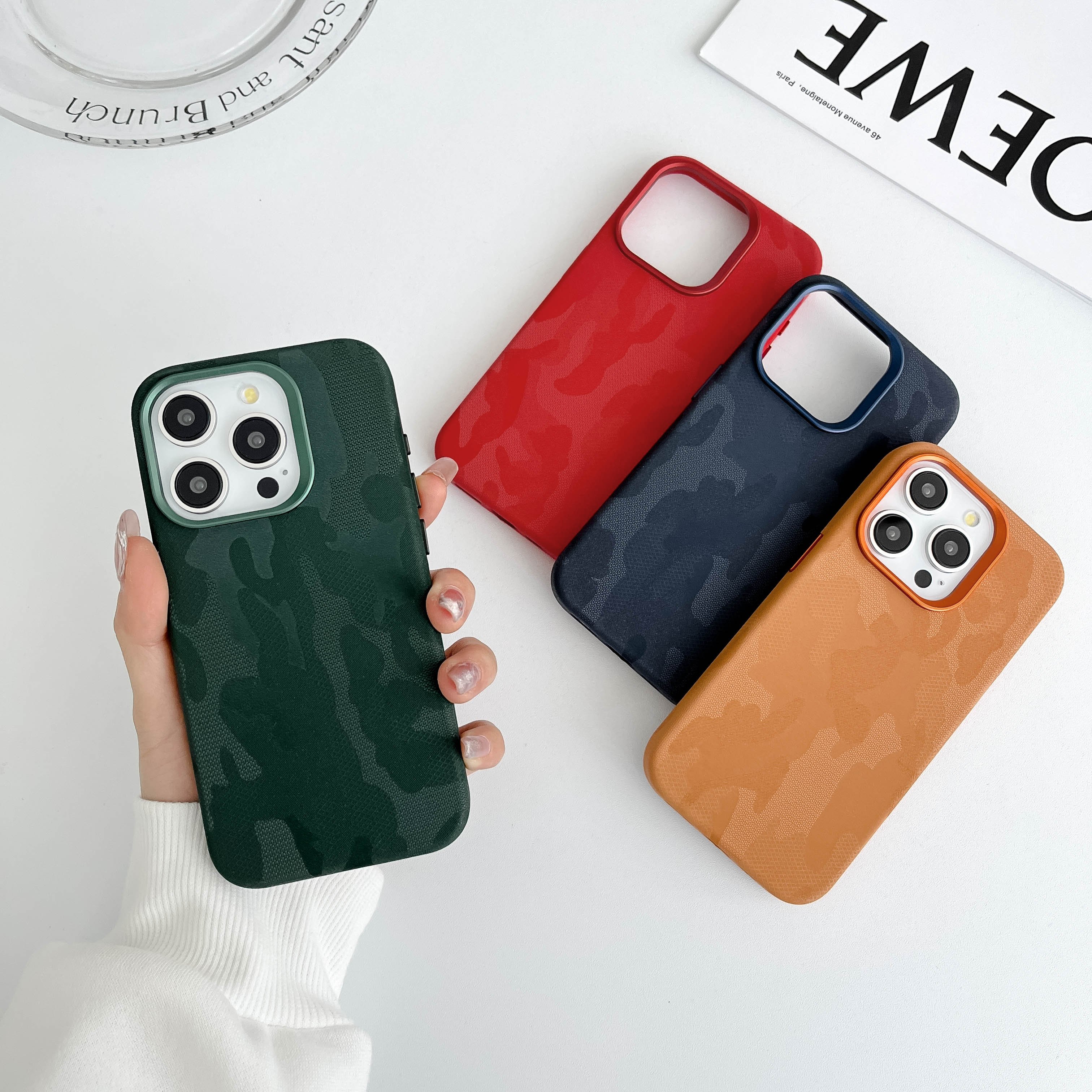 Camouflage Pattern Imitation Leather Phone Case with Luxury Design Featuring Metal Button for iPhone 16 15 14 13 12 Pro Max Plus