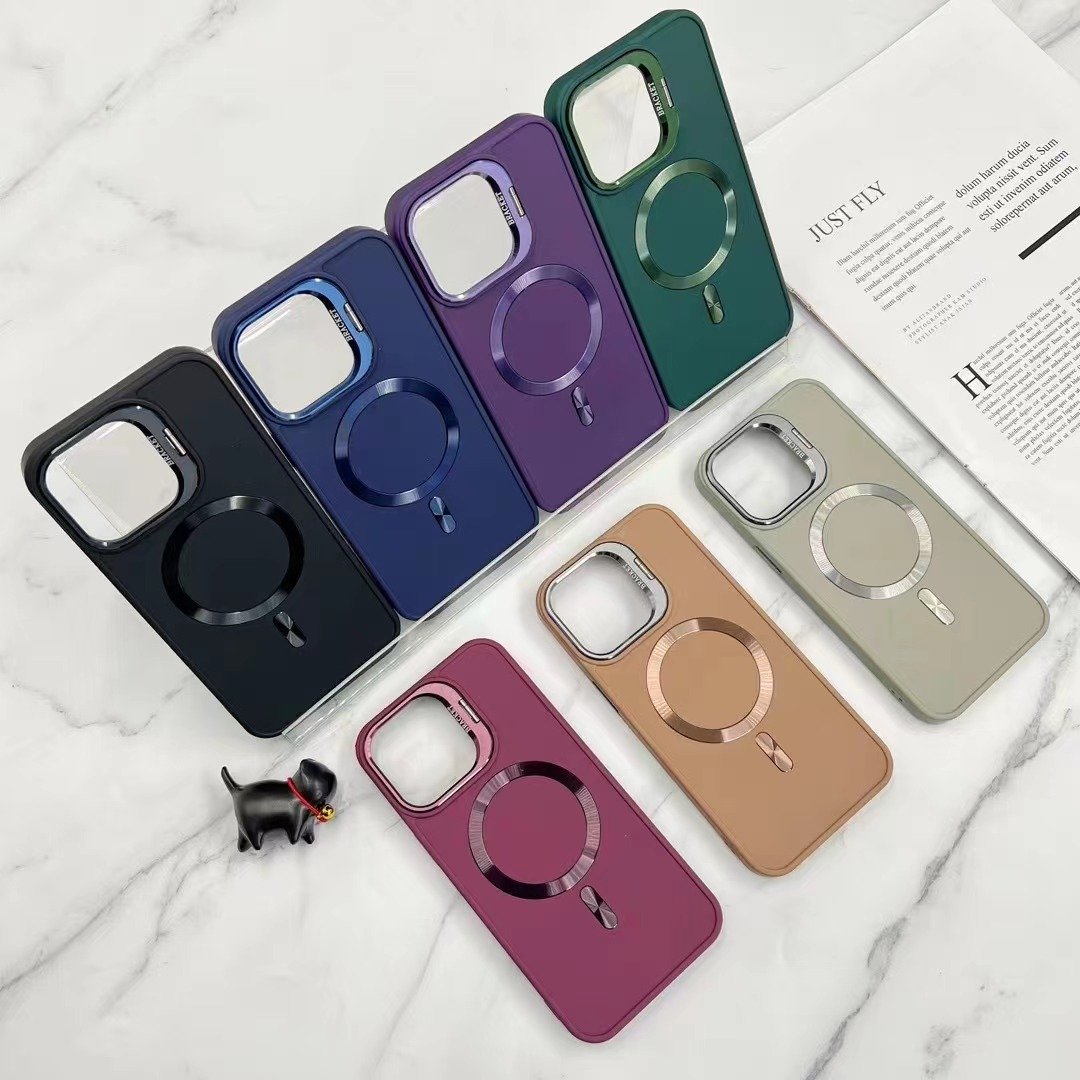 Luxury multi-functional lens bracket mobile phone case magnetic frosted TPU fluted protective cover for Iphone 15 14 case holder