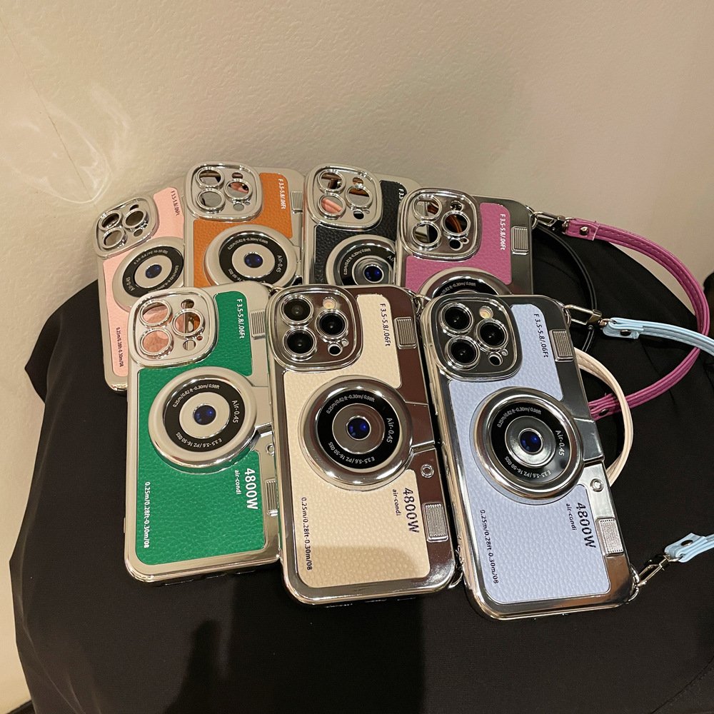 3D Retro Camera Phone Case for Iphone 15 Pro Max Plating TPU mobile phones case with handle