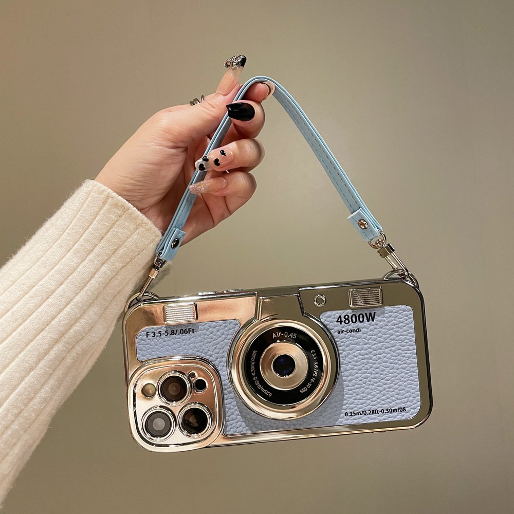3D Retro Camera Phone Case for Iphone 15 Pro Max Plating TPU mobile phones case with handle