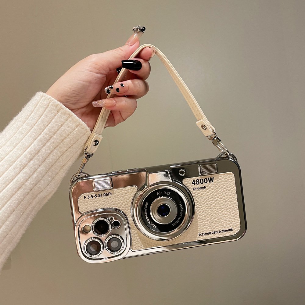 3D Retro Camera Phone Case for Iphone 15 Pro Max Plating TPU mobile phones case with handle