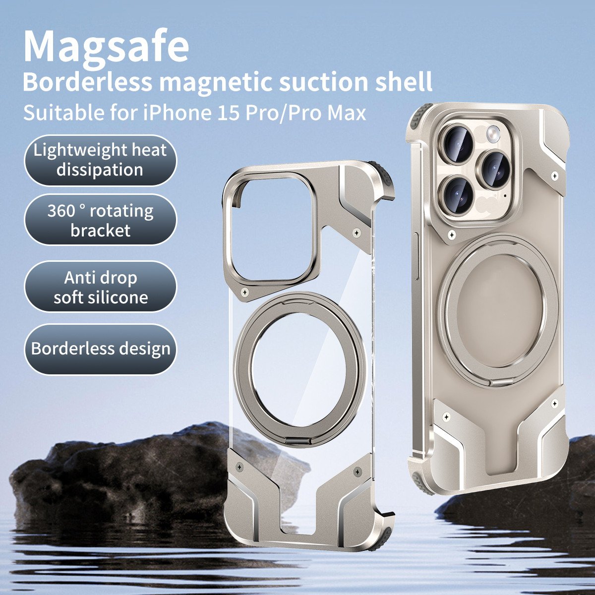 Metal Frameless Magnetic Mobile Phone Case For iPhone 15 14 Pro Max With Rotating Invisible Kickstand Slim Hard Shockproof Cover