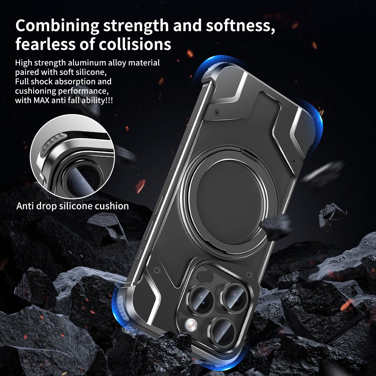 Metal Frameless Magnetic Mobile Phone Case For iPhone 15 14 Pro Max With Rotating Invisible Kickstand Slim Hard Shockproof Cover