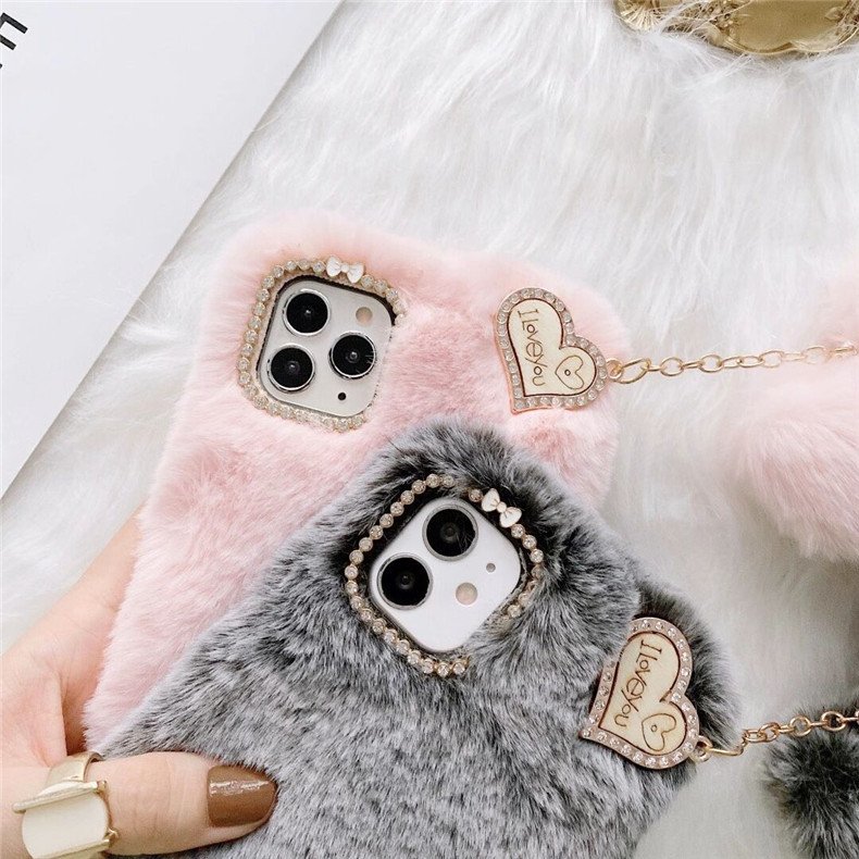 Luxury Diamond Love Hairball Mobile Phone Case TPU Girl Cell Phone Case For iPhone 15 Pro Max 14 13 12 Pro 6 7 8