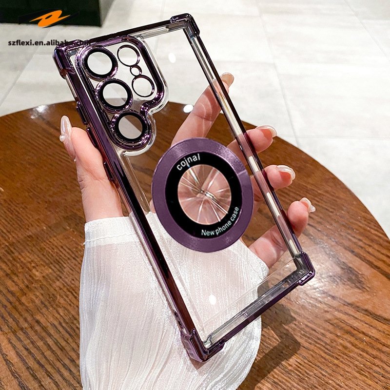 Magnetic PC Electroplating Case For Samsung S24 S23 S22 Ultra Transparent Four Corner Anti-Drop Phone Case