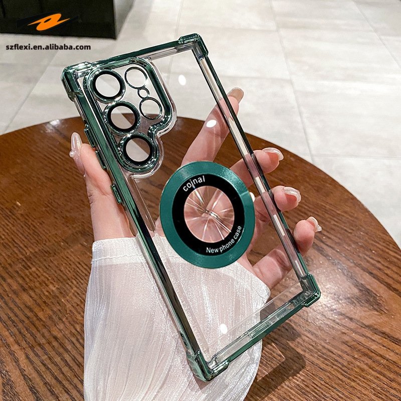 Magnetic PC Electroplating Case For Samsung S24 S23 S22 Ultra Transparent Four Corner Anti-Drop Phone Case