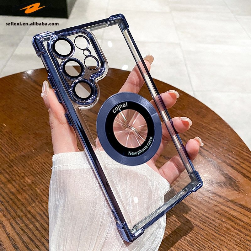 Magnetic PC Electroplating Case For Samsung S24 S23 S22 Ultra Transparent Four Corner Anti-Drop Phone Case
