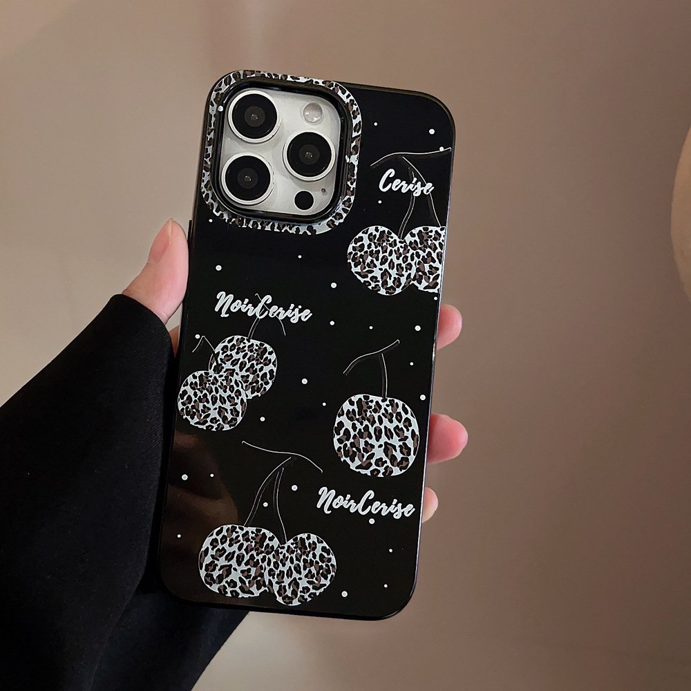 For iPhone 15 14 13 12 11 Pro Max XSmax XR X XS 7 8 Plus Black Creative Leopard Print Cherry TPU Mobile phone case