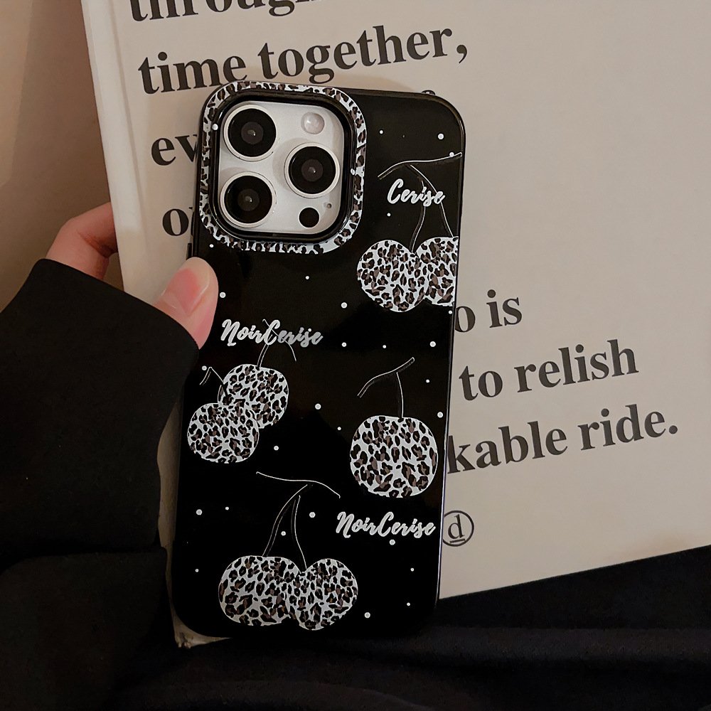 For iPhone 15 14 13 12 11 Pro Max XSmax XR X XS 7 8 Plus Black Creative Leopard Print Cherry TPU Mobile phone case