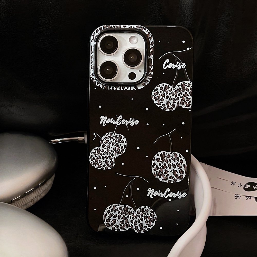 For iPhone 15 14 13 12 11 Pro Max XSmax XR X XS 7 8 Plus Black Creative Leopard Print Cherry TPU Mobile phone case