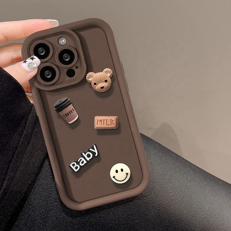 Coffee Bear Baby Milk Smiley 3D Doll Lens Protection Phone Cases for iphone 14 15 13 12 Pro max Creative Cartoon Silicone Case
