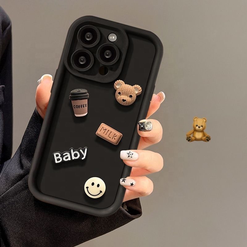 Coffee Bear Baby Milk Smiley 3D Doll Lens Protection Phone Cases for iphone 14 15 13 12 Pro max Creative Cartoon Silicone Case