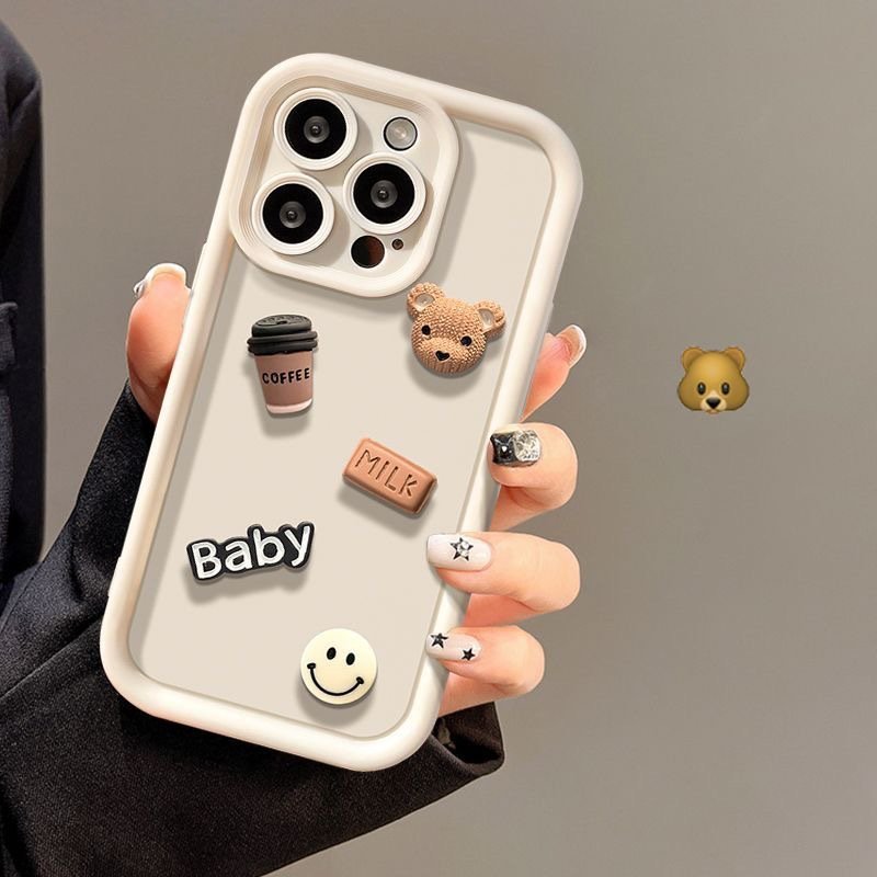 Coffee Bear Baby Milk Smiley 3D Doll Lens Protection Phone Cases for iphone 14 15 13 12 Pro max Creative Cartoon Silicone Case