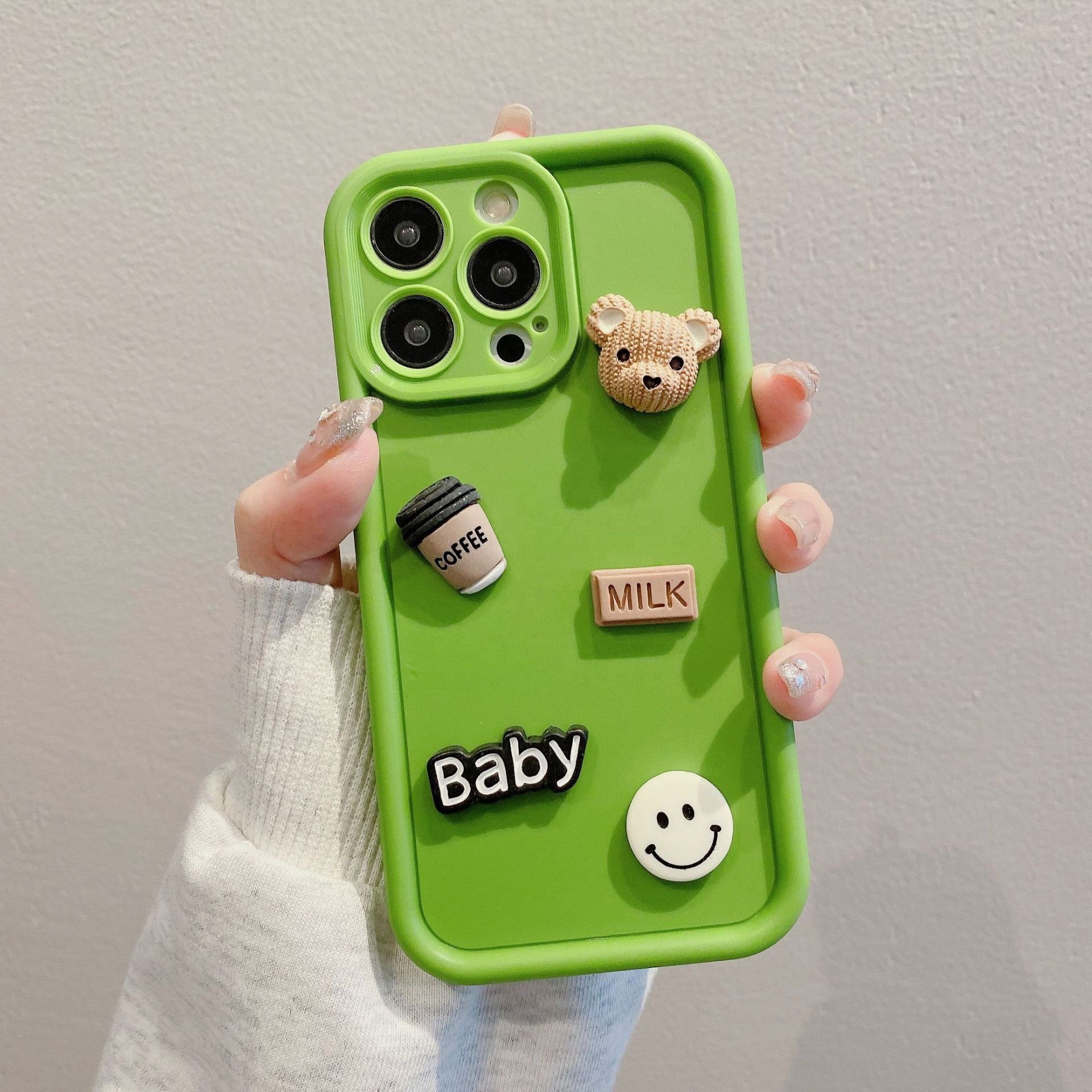 Coffee Bear Baby Milk Smiley 3D Doll Lens Protection Phone Cases for iphone 14 15 13 12 Pro max Creative Cartoon Silicone Case