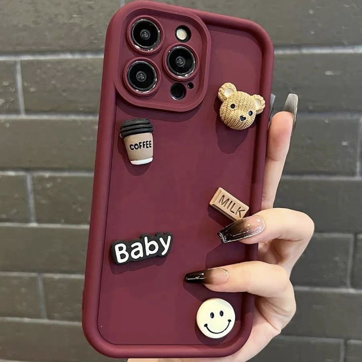 Coffee Bear Baby Milk Smiley 3D Doll Lens Protection Phone Cases for iphone 14 15 13 12 Pro max Creative Cartoon Silicone Case